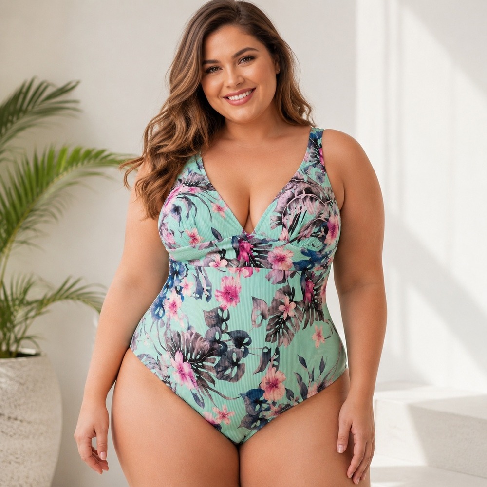NWT Coastal Waves Mint Floral Ribbed Deep V One Piece Swimsuit 2X